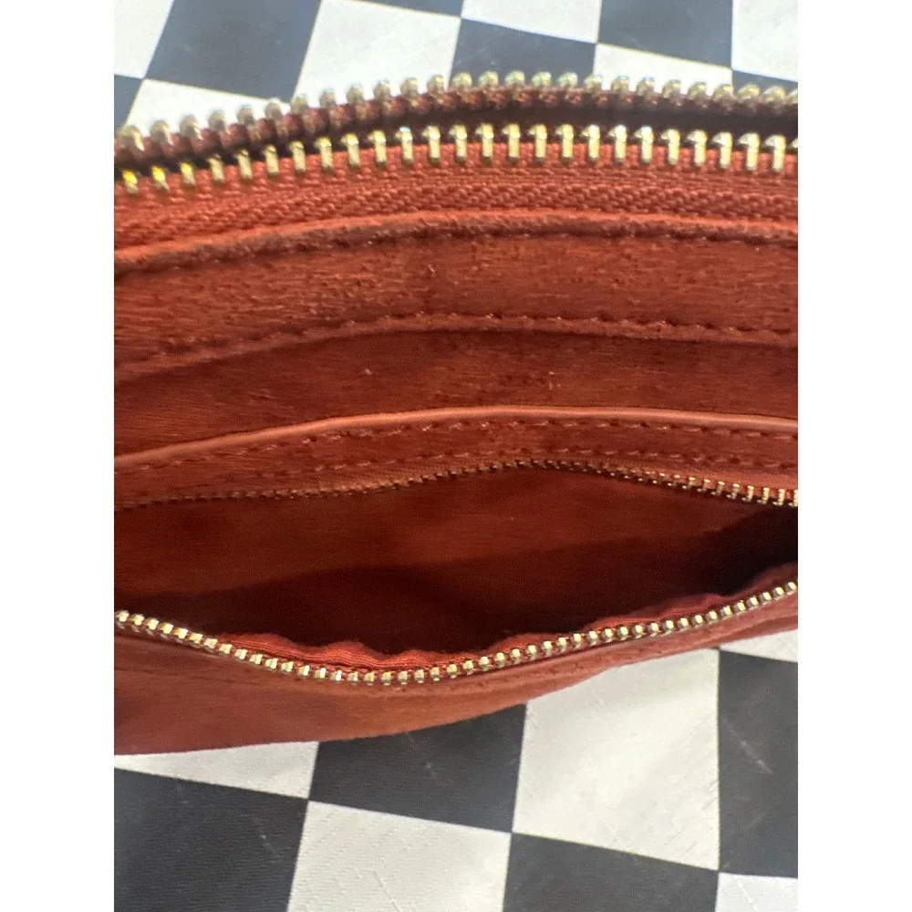 Express Rust Orange Suede Wristlet Clutch Bag Gold Hardware Zipper Pouch